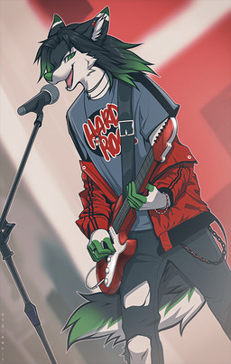 5_fingers anthro black_hair bottomwear clothing ear_piercing electric_guitar electronics fingers fur green_eyes green_hair green_nose guitar hair highlights_(coloring) jacket long_hair male microphone microphone_stand musical_instrument open_mouth pants piercing plucked_string_instrument rocking_out shirt singing solo string_instrument t-shirt text topwear torn_clothing angiewolf hard_rock canid canine fox mammal 2021 english_text signature