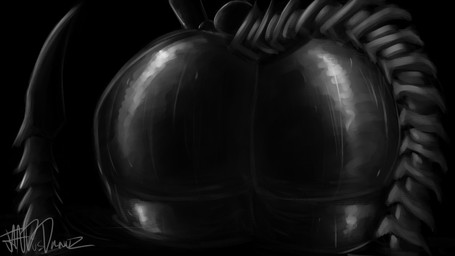 big_butt black_body bodily_fluids butt butt_focus cellulite female glistening glistening_body huge_butt partially_submerged stinger sweat sweaty_butt tail thick_thighs wide_hips joebamna alien_(franchise) alien humanoid xenomorph 16:9 4k absurd_res hi_res monochrome widescreen