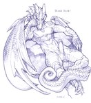 2005 5_fingers abs anthro balls barazoku biped blue_and_white claws digitigrade dragon english_text erection fingers genitals glans hand_on_face head_crest horn humanoid_genitalia humanoid_penis looking_at_viewer male membrane_(anatomy) membranous_wings monochrome muscular muscular_anthro muscular_male mythological_creature mythological_scalie mythology non-mammal_balls nude penis ratbat reclining scaled_wings scales scalie signature simple_background sitting sketch solo source_request tail text traditional_media_(artwork) white_background wing_claws wings
