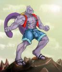 3_fingers 3_toes abs anthro barazoku barefoot biceps big_muscles biped bulge clothing cosplay costume detailed_bulge facial_scar feet fingers footwear genital_outline hat headgear headwear male muscular muscular_anthro muscular_male nails nipples pecs penis_outline plantigrade pokemorph purple_body purple_eyes purple_nipples purple_skin rock sandals scar shoes smile solo standing straw_hat toenails toes topwear vest kyrie_burnheart nintendo one_piece pokemon felid generation_1_pokemon legendary_pokemon mammal mewtwo pokemon_(species) 2014 hi_res