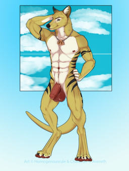 anthro balls black_body black_fur black_stripes countershade_crotch countershade_hands countershade_torso countershading foreskin fur genitals glans hand_behind_head hand_on_hip humanoid_genitalia humanoid_penis jewelry looking_at_viewer male male_anthro muscular muscular_anthro muscular_male necklace necklace_only nipples nude nude_anthro nude_male penis solo standing striped_body striped_fur stripes tail tan_body tan_fur unretracted_foreskin whisker_spots white_body white_fur themutt avereth dasyuromorph mammal marsupial recently_extinct_species thylacine 2015 3:4 hi_res
