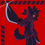 1:1 ambiguous_gender ambiguous_species anthro bruno_borker clothed clothing head_tuft hi_res holding_object knife mask simple_background solo tail tuft yellow_eyes