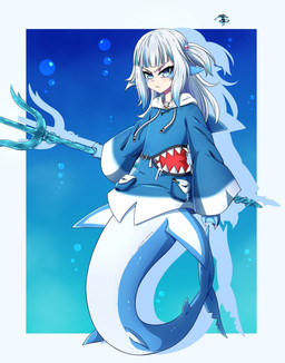 annoyed bite_mark bite_taken blue_eyes bubble clothing female fin hair jacket looking_at_viewer melee_weapon notched_fin notched_tail pigtails polearm shark_tail short_pigtails simple_background solo topwear trident weapon white_hair juliusmz63 hololive hololive_en vtuber gawr_gura animal_humanoid aquatic aquatic_humanoid fish fish_humanoid humanoid shark shark_humanoid hi_res