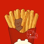 biped brown_body chibi eyes_closed feral food fries micro red_background simple_background solo shirokumani bear mammal 1:1 2021 hi_res