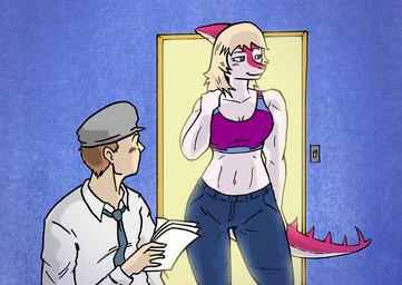 accessory anthro athletic bangs blonde_hair blue_eyes bottomwear bra breasts clothing denim denim_bottomwear denim_clothing duo female hair headgear headwear jeans looking_at_another male midriff multicolored_body multicolored_scales necktie nipple_outline pants pink_body pink_scales scales spiked_tail spikes spikes_(anatomy) sports_bra tail two_tone_body two_tone_scales underwear white_body white_scales theviktor cavemanon_studios i_wani_hug_that_gator mia_moretti dinosaur hadrosaurid human mammal ornithischian ornithopod parasaurolophus prehistoric_species reptile scalie
