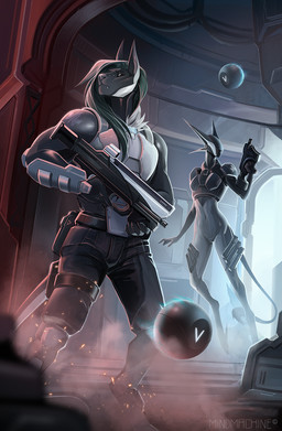 anthro biped bottomwear claws clothed clothed_anthro clothed_female clothed_male clothing duo female fingers front_view fully_clothed fully_clothed_anthro fully_clothed_female fully_clothed_male gun hair inside male piercing ranged_weapon standing teeth topwear weapon mindmachine irellia acrador canid canine canis jackal mammal 2026 digital_drawing_(artwork) digital_media_(artwork) hi_res