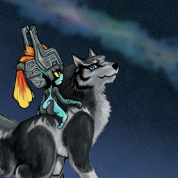 armor black_body black_fur blue_eyes butt clothing countershading duo ear_piercing ear_ring female feral fur fused_shadow hair headgear headwear helmet humanoid_pointy_ears male markings night piercing pointy_ears ponytail red_eyes riding ring_piercing sky smile star starry_sky white_body white_fur karin_kinako nintendo the_legend_of_zelda twilight_princess link_(wolf_form) midna canid canine canis humanoid imp mammal twili wolf 1:1 2015