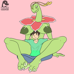 anthro breasts clothed clothing duo female fur green_body male multicolored_body multicolored_fur nipples smile conditional_dnp zp92 nintendo pokemon generation_2_pokemon human mammal meganium pokemon_(species)