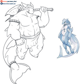 anthro axe blue_body blue_eyes breasts chain claws clothed clothing duo eyes_closed fangs female genitals holding_object holding_weapon male male/female melee_weapon multicolored_body muscular muscular_male open_mouth open_smile partially_clothed pregnant simple_background smile teeth text two_tone_body vulva weapon weapon_on_shoulder white_body vipery-07 aquatic cetacean dolphin fish mammal oceanic_dolphin orca shark toothed_whale hi_res url