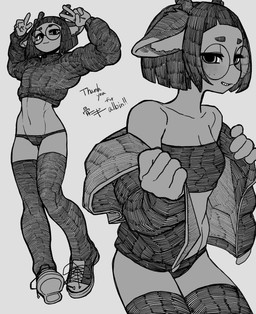 anthro antlers blush blush_lines breasts cleavage clothed clothing cropped_hoodie double_v_sign duo eyewear female footwear gesture glasses hair half-closed_eyes hand_gesture hoodie horn inner_ear_fluff legwear looking_at_viewer midriff narrowed_eyes navel open_clothing open_hoodie open_topwear panties pantsless pantsless_anthro pantsless_female pointy_ears round_glasses shoes short_hair smile smiling_at_viewer sneakers text thigh_highs topwear tube_top tuft underwear v_sign ventral_groove wearing_glasses bone_nigi deer mammal digital_drawing_(artwork) digital_media_(artwork) english_text hatching_(art) hi_res monochrome shaded watermark