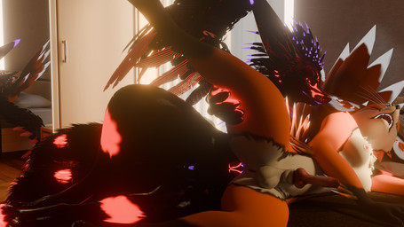 9_tails anal anal_penetration anthro anus bed bedroom_sex breasts curtains curtains_closed duo feathers furniture genitals glowing glowing_anus glowing_body glowing_eyes glowing_genitalia glowing_penis glowing_tail glowing_vulva herm holding_leg_up intersex intersex/intersex knot knotted_penis light lying mirror mirror_reflection multi_tail nipples on_side penetration penis reflection sunlight tail vulva wardrobe wings kyuvulpes kyu_vulpes canid canine fox mammal rexouium 16:9 3d_(artwork) 4k absurd_res digital_media_(artwork) hi_res widescreen