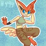 2_toes 5_fingers anthro big_ears black_eyes blue_eyes bracelet breasts butt_wings clothed clothing eyelashes fangs feet female fingers gesture gloves_(marking) grin hand_gesture jewelry leg_markings markings midriff outline pokemorph simple_background smile socks_(marking) solo tan_body teeth textured_background toes unusual_wing_placement v_sign wings balddumborat nintendo pokemon generation_5_pokemon legendary_pokemon pokemon_(species) victini 1:1 2019 digital_drawing_(artwork) digital_media_(artwork)