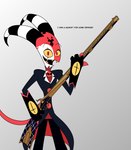 clothing dialogue flintlock flintlock_rifle gun horn looking_at_viewer male musket open_mouth ranged_weapon red_body red_eyes red_skin red_tail rifle smile solo striped_horn stripes suit tail teeth weapon yellow_sclera reaper2545 helluva_boss blitzo_(helluva_boss) demon humanoid imp absurd_res hi_res