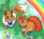 ambiguous_gender black_nose bow_ribbon brown_body brown_eyes brown_fur closed_smile day duo feral fur glistening grass hair looking_up mouth_closed multi_tail open_mouth open_smile outside paws plant pupils quadruped rainbow reflection rock scarf smile standing tail water water_reflection flavia-elric nintendo pokemon pokemon_mystery_dungeon spike_chunsoft eevee generation_1_pokemon pokemon_(species) vulpix 2023