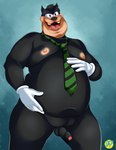 2021 anthro balls belly black_body black_nose dirty-palms disney erection felid feline genitals goof_troop hi_res humanoid_hands male mammal moobs navel necktie nipples overweight overweight_male penis pete_(disney) peter_pete_sr. simple_background solo uvula