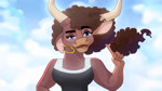 anthro blue_eyes brown_hair clothing curled_hair dress ear_piercing female fingers gesture hair hand_gesture horn piercing pointing pose solo whateverbender zola_(holivi) bovid bovine cattle mammal 16:9 animated no_sound short_playtime webm widescreen