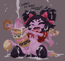 5_eyes 6_arms balls big_penis black_clothing black_hair black_legwear black_thigh_highs bodily_fluids breasts clothing cum cum_on_food cumshot dessert doughnut doughnut_fucking ejaculation food food_fetish food_penetration food_play genital_fluids genitals gynomorph hair holding_doughnut holding_food holding_object huge_penis humanoid_genitalia humanoid_penis improvised_sex_toy intersex kneeling legwear multi_arm multi_eye multi_limb open_mouth pastry penis simple_background small_breasts solo text thigh_highs lewdzure undertale undertale_(series) muffet animal_humanoid arachnid arachnid_humanoid arthropod arthropod_humanoid humanoid spider_humanoid english_text