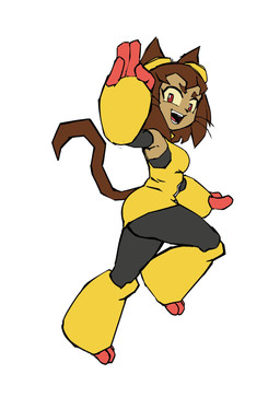 anthro black_nose breasts brown_body brown_fur brown_hair butt clothed clothing eyelashes eyewear eyewear_on_head female fur goggles goggles_on_head grey_clothing hair looking_at_viewer open_mouth open_smile red_eyes simple_background smile solo thick_thighs whiskers white_background wide_hips yellow_clothing member123 gameoverse glitch_productions kit_bodega domestic_cat felid feline felis mammal hi_res