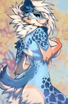 anthro blep blue_body blurred_background breasts butt cleavage clothed clothing female fingerless_(marking) fingerless_gloves_(marking) floppy_ears folded_ears gloves_(marking) hand_on_breast looking_at_viewer markings orange_nose outside pink_tongue plant solo tongue tongue_out tree angiewolf frost_(electronicsergal) australian_shepherd canid canine canis domestic_dog herding_dog mammal pastoral_dog sheepdog 2022 absurd_res hi_res