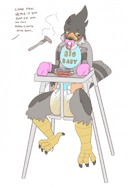 ageplay anthro blush bodily_fluids cheek_tuft clothed clothing cutlery diaper facial_tuft feathers fork front_view genital_fluids grey_body grey_eyes grey_feathers infantilism kitchen_utensils looking_aside male male_anthro narrowed_eyes object_in_mouth orange_diaper pacifier pacifier_in_mouth pattern_diaper pink_pacifier roleplay simple_background sitting solo spread_legs spreading surstromming tail tail_feathers text tools tuft unclean_diaper urine used_diaper wearing_diaper wet_diaper white_background white_diaper hardscales nephy_abdl_(peregrine) avian english_text hi_res
