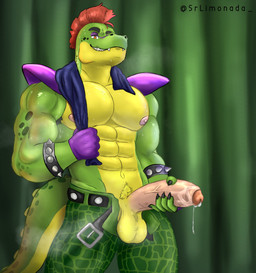 anthro armpit_hair balls big_penis bodily_fluids body_hair bottomwear clothing dripping erection genital_fluids genitals green_body hair holding_penis male muscular muscular_male pants penis precum precum_drip red_hair solo sweat yellow_body srlimonada five_nights_at_freddy's five_nights_at_freddy's:_security_breach scottgames steel_wool_studios montgomery_gator alligator alligatorid crocodilian reptile scalie hi_res