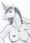 anthro areola breasts equid equine female hair hi_res horn looking_at_viewer mammal monochrome mythological_creature mythological_equine mythology nipples smile solo unicorn unicorn_horn vani-fox