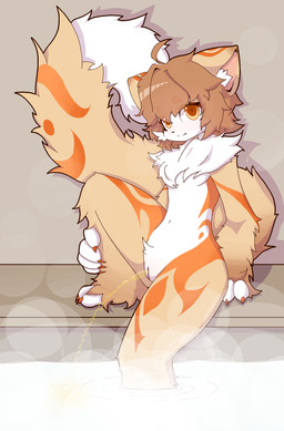 big_tail bodily_fluids embarrassed female female_peeing genital_fluids genitals looking_at_viewer peeing peeing_in_pool sitting smile steam tail urine vulva water watersports yellow_body yellow_eyes young cassis felid feline felis mammal hi_res