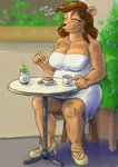 anthro breasts cafe clothing dessert dress eating female flan food pudding slightly_chubby solo sundress capt_hairball rachel_meeks bear brown_bear grizzly_bear mammal ursine hi_res