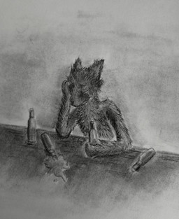 alcohol ambiguous_gender anthro arm_support beer_bottle beverage bottle container dipstick_tail drinking_beer eyes_closed feet fluffy fur holding_beer holding_object looking_away markings sad simple_background sitting solo spilled_alcohol spilled_beverage spilled_drink tail tail_markings tangerinefox casualties:_unknown canid canine expie_(gunsawian) gunsawian hybrid mammal murid rodent 2026 absurd_res chalk_(artwork) charcoal_(artwork) graphite_(artwork) greyscale hi_res monochrome traditional_media_(artwork)