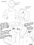 cutie_mark dialogue dirty_talk duo female feral humor male mane open_mouth text wings inuyuru friendship_is_magic hasbro my_little_pony mythology anon fluttershy_(mlp) equid equine horse human mammal mythological_creature mythological_equine pegasus pony comic english_text hi_res monochrome