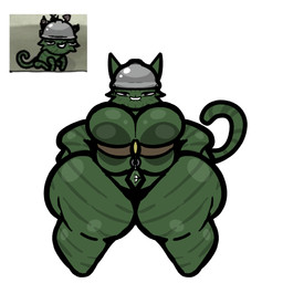 anthro areola armor belt big_areola big_breasts bite biting_lip breasts cheek_tuft facial_tuft female fur green_areola green_body green_ears green_fur green_nipples hands_on_hips headgear helmet huge_areola huge_breasts huge_thighs long_tail nipples shortstack simple_background solo standing tail thick_thighs tuft white_background filthyskull mewgenics domestic_cat felid feline felis mammal 1:1 2026 digital_media_(artwork) hi_res