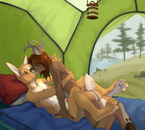4_toes anthro anthro_on_anthro antlers blush bodily_fluids brown_body brown_fur butt camping cum cum_on_belly cum_on_body cum_on_self cum_while_penetrated day detailed_background duo erection feet forest from_front_position fur genital_fluids genitals grass hindpaw hooves horn humanoid_genitalia humanoid_penis intimate kissing lake lamp lantern lying male male/male male_penetrated male_penetrating male_penetrating_male mattress missionary_position multicolored_body multicolored_fur nature nude on_back outside paws penetration penis pillow plant sex tent toes tree two_tone_body two_tone_fur underhoof white_body white_fur demicoeur nipper whitelock deer lagomorph leporid mammal rabbit 2015 digital_media_(artwork)