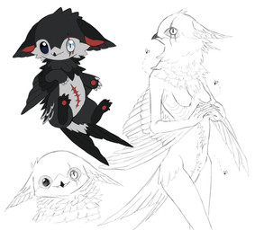 abdominal_scar anthro beak belly black_beak black_body black_ears black_eyes black_feathers breasts chibi chibi_inset claws closed_beak countershading eye_scar facial_scar feathered_arms feathers female female_anthro grey_belly grey_body grey_claws grey_countershading grey_face grey_feathers heterochromia kemono mouth_closed neck_tuft pawpads red_inner_ear red_pawpads red_scar ribs scar simple_background skinny skinny_anthro skinny_female small_breasts smelly solo tuft white_background white_eyes winged_arms wings jejejunum jejunum_(jejejunum) ambient_arthropod ambient_fly ambient_insect apodiform avian bird chimney_swift swift_(bird) 2025 digital_drawing_(artwork) digital_media_(artwork) hi_res multiple_images portrait three-quarter_portrait