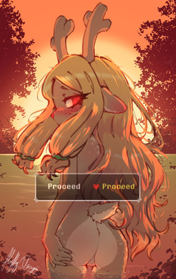 2_horns 5_fingers anthro antlers arm_tuft biped blonde_hair blush brown_body brown_fur brown_horn brown_tail butt dialogue_box elbow_tuft eyebrows eyelashes female female_anthro fingers fluffy fluffy_tail freckled_back freckled_butt freckled_face freckles fur genitals glowing glowing_eyes hair hand_on_butt hand_on_own_butt horn innie_vulva long_hair looking_at_another looking_back looking_back_at_another multicolored_body multicolored_fur multicolored_tail nude nude_anthro nude_female outside partially_submerged plant rear_view red_eyes red_nose scut_tail short_tail solo standing sunset tail tan_body tan_fur tan_tail text text_box tree tuft two_tone_body two_tone_fur vulva water young young_anthro young_female fluffyusagii deltarune undertale_(series) noelle_holiday deer mammal new_world_deer reindeer 2026 absurd_res digital_drawing_(artwork) digital_media_(artwork) english_text hi_res signature