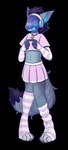 anthro bell bell_collar big_tail bottomwear breadstoat canid canine clothing collar embarrassed femboy fluffy fluffy_tail fox legwear machine male mammal protofox protogen skirt skittle_(breadstoat) solo stockings tail
