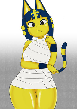 anthro bandage black_eyes blue_body blue_fur blue_hair breasts clothed clothing dress eyelashes female front_view fur gradient_background grey_background hair looking_at_viewer markings short_hair simple_background solo striped_markings striped_tail stripes tail tail_markings thick_thighs uraeus white_background white_clothing white_dress wide_hips yellow_body yellow_fur souley69 animal_crossing nintendo ankha_(animal_crossing) domestic_cat felid feline felis mammal absurd_res hi_res