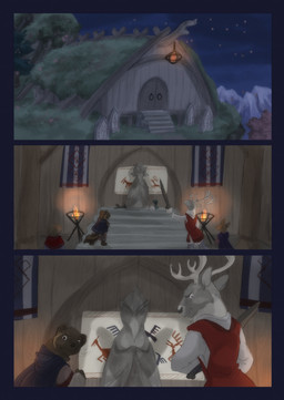 ambiguous_gender anthro antlers biped brown_body brown_fur brown_tail building clothed clothing door frown fur group holding_object holding_weapon horn house male melee_weapon night sky star sword tail weapon white_body white_fur bjekkergauken bear deer mammal 2025 colored comic hi_res
