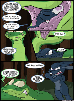 angry anthro bodily_fluids buckteeth dark_body duo escape eyebrows eyelashes featureless_chest featureless_crotch feet female feral fingers forest forest_background fur green_body hair hair_over_eye head_in_mouth long_ears male male/female nature nature_background night nude one_eye_obstructed open_mouth oral_vore outside plant regurgitation running running_after_another running_away saliva scared size_difference sound_effects speech_bubble tail teeth text toes tree unwilling_pred vore willing_prey tacokurt jajuka lagomorph leporid mammal python rabbit reptile scalie snake 2016 comic digital_media_(artwork) english_text hi_res
