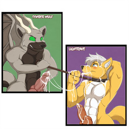 abs after_sex animal_genitalia animal_penis anthro anthro_on_anthro athletic balls biceps big_penis black_body black_fur black_nose blush bodily_fluids canine_genitalia canine_penis collar cum cum_in_mouth cum_inside cum_on_arm cum_on_belly cum_on_body cum_on_chest cum_on_face cum_on_hand cum_on_penis cum_string dominant dominant_male duo erection excessive_cum excessive_genital_fluids fangs flexing fur genital_fluids genitals grey_body grey_fur grey_hair grin hair hands_behind_head holding_leash holding_object horn interspecies knot leaking leash leash_pull male male/male membrane_(anatomy) membranous_wings messy muscular nude pecs penile_spines penis sex smile standing submissive submissive_male tail teeth thick_penis tongue tongue_out vein white_body white_fur wings yellow_body yellow_fur aaron_(artist) canid canine canis domestic_dog gargoyle mammal monster 1:1 digital_media_(artwork) hi_res
