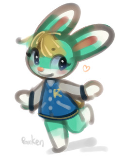ambiguous_gender anthro blonde_hair blue_eyes blush blush_stickers chibi clothing dipstick_ears ear_markings eyelashes fur green_body green_fur hair heart_symbol jacket leg_markings looking_aside markings multicolored_ears on_one_leg pink_nose simple_background smile socks_(marking) solo standing topwear white_background panken animal_crossing nintendo sasha_(animal_crossing) lagomorph leporid mammal rabbit digital_media_(artwork) male_(lore)
