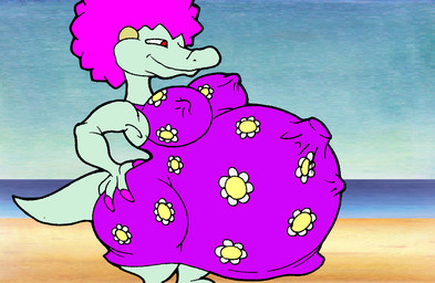 anthro big_breasts breasts clothing dress ear_piercing ear_ring female fetal_movement green_body green_scales magenta_hair navel navel_outline nipple_outline non-mammal_breasts outie_navel piercing pregnant pregnant_anthro pregnant_female red_eyes ring_piercing scales solo thick_thighs virus-20 donkey_kong_(series) nintendo kalypso kremling scalie 2015 digital_media_(artwork)