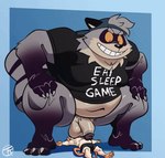 anthro balls balls_on_face belly big_belly big_dom_small_sub black_clothing black_shirt black_topwear bottomless bottomwear clothed clothing dominant duo genitals grey_body humanoid_genitalia humanoid_penis lying male male/male micro moobs navel open_mouth overweight overweight_anthro overweight_male penis shirt shorts size_difference smile tea_bagging topless topless_anthro topless_male topwear white_body trashtoonz charles_(bunjirou) dex_(bunjirou) hybrid mammal mouse murid murine procyonid raccoon rodent 2024 2d_animation animated hi_res short_playtime