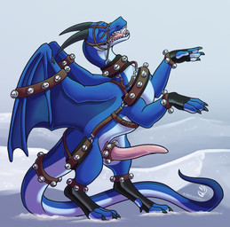 animal_genitalia bared_teeth bdsm bell black_horn blue_body blue_membrane blue_scales bondage bondage_gear bound bridle digitigrade feral genitals horn male membrane_(anatomy) membranous_wings penis pink_penis pink_tongue quadruped scales snow solo tail tapering_penis teeth tongue white_body white_scales wings alfafilly mythology glax dragon mythological_creature mythological_scalie scalie absurd_res hi_res