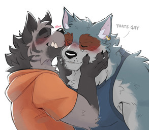 anthro blue_clothing blue_shirt blue_tank_top blue_topwear blush claws clothed clothed_anthro clothed_male clothing dialogue duo ear_piercing ear_ring eyes_closed facial_markings finger_claws head_markings holding_face hoodie kissing_cheek male male/male markings mask_(marking) orange_clothing orange_hoodie orange_topwear piercing ring_piercing shirt simple_background tank_top text topwear its_stardog password_(visual_novel) dave_(password) tyson_(password) canid canine canis hyena mammal wolf absurd_res english_text hi_res