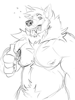 anthro bottle cheek_tuft chest_tuft container facial_tuft fangs hair holding_bottle holding_container holding_object male male_anthro musclegut muscular muscular_anthro muscular_male neck_tuft nipples nude overweight overweight_anthro overweight_male pecs pubes short_hair simple_background solo standing teeth tongue tongue_out tuft solaxe_(artist) canid canine mammal 3:4 half-length_portrait monochrome portrait sketch