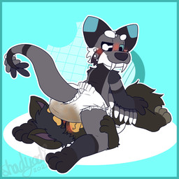 anthro biped blush clothing diaper diaper_fetish diaper_sniffing dipstick_ears duo ear_markings eyes_closed facesitting feces fur gloves_(marking) leg_markings lying male markings multicolored_ears raised_tail scatplay simple_background sitting_on_another smile sniffing socks_(marking) soiled_diaper soiling tail unclean_diaper used_diaper shadyadi shade_(tackyfox) smoky_(smoky_doggo) 1:1 2022 hi_res signature