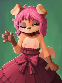 5_fingers anthro areola arm_tuft bangs bent_arm biped black_markings black_nose blush blushing_at_viewer bow_(feature) breastless_clothing brown_body brown_claws brown_eyebrows brown_fur brown_hands brown_markings brown_nose choker claws closed_smile clothed clothed_anthro clothed_female clothing countershade_face countershade_fur countershade_torso countershading dipstick_ears dress ear_markings exposed_chest extended_arm eyebrows eyelashes eyeliner eyeshadow female female_anthro finger_claws fingerpads fingers flat_chested floppy_ears folded_ears front_view fur fur_markings fur_tuft gesture gesturing_at_viewer gloves_(marking) green_background green_eyes hair humanoid_hands iris jewelry loli looking_at_viewer makeup markings medium_hair monotone_clothing monotone_dress monotone_hair monotone_tail mouth_closed multicolored_body multicolored_ears multicolored_fur narrowed_eyes necklace nipples one_eye_closed orange_body orange_ears orange_fur orange_tail orange_tuft pawpads pink_areola pink_blush pink_hair pink_nipples pink_pawpads pose pupils purple_eyeliner purple_eyeshadow red_choker red_clothing red_dress red_jewelry red_necklace seductive shoulder_tuft simple_background slim slim_anthro slim_female smile smiling_at_viewer solo standing straight_arm tail tan_body tan_countershading tan_ear_tips tan_fur topless topless_female tuft waving waving_at_viewer white_sclera wink winking_at_viewer young young_anthro young_female ajin canid canine canis domestic_dog mammal 2026 dated english_description hi_res pinup portrait shaded signature three-quarter_portrait