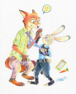 aloha_shirt anthro arm_tuft barefoot cheek_tuft claws clenched_teeth clothing dipstick_ears duo ear_markings elbow_tuft facial_tuft feet female fur green_eyes holding_object interrobang larger_male male multicolored_body multicolored_ears multicolored_fur pattern_clothing pattern_shirt pattern_topwear purple_eyes shirt simple_background size_difference smaller_female standing teeth toe_claws topwear tuft two_tone_body two_tone_fur uniform white_background dsks1214 disney zootopia judy_hopps nick_wilde canid canine fox lagomorph leporid mammal rabbit red_fox true_fox 2016