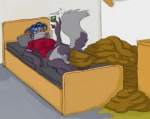 4_fingers anthro balls bed bedroom biped black_eyes blue_hair bodily_fluids bottomless breasts clothed clothing corner detailed_background excessive_feces feces feces_everywhere feces_pile fingers fur furniture genital_fluids genitals gloves_(marking) grey_balls grey_body grey_ears grey_face grey_fur grey_pillow grey_tail gynomorph hair holding_object hyper hyper_feces inside intersex leg_markings looking_at_object lying lying_on_bed magazine markings monotone_clothing monotone_hair monotone_shirt monotone_topwear on_back on_bed peeing penis pillow pooping reading red_clothing red_penis red_shirt red_topwear scatplay shirt snout socks_(marking) solo t-shirt tail topwear urine what zombiecat lus mammal mephitid skunk 2007 digital_media_(artwork)