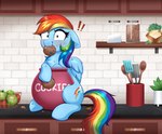 apple blush bodily_fluids container cookie cookie_jar exclamation_point female food fruit hair jar kitchen looking_at_viewer multicolored_hair multicolored_tail plant rainbow_hair rainbow_tail solo sweat tail wings confetticakez friendship_is_magic hasbro my_little_pony mythology rainbow_dash_(mlp) equid equine mammal mythological_creature mythological_equine pegasus absurd_res hi_res